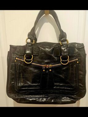 Classic Black Leather Satchel with Gold Hardware